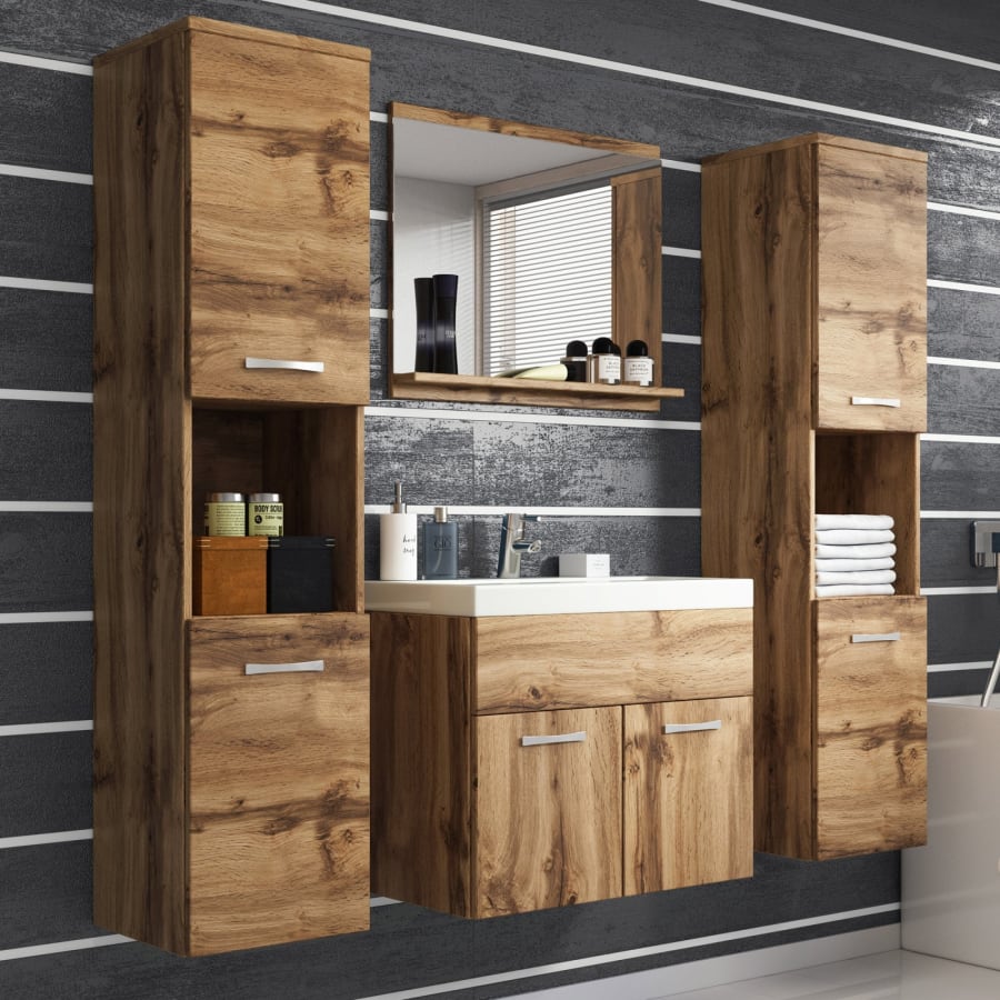 Ensemble meubles salle de bain suspendu XL - Bois effet vieilli LESTER